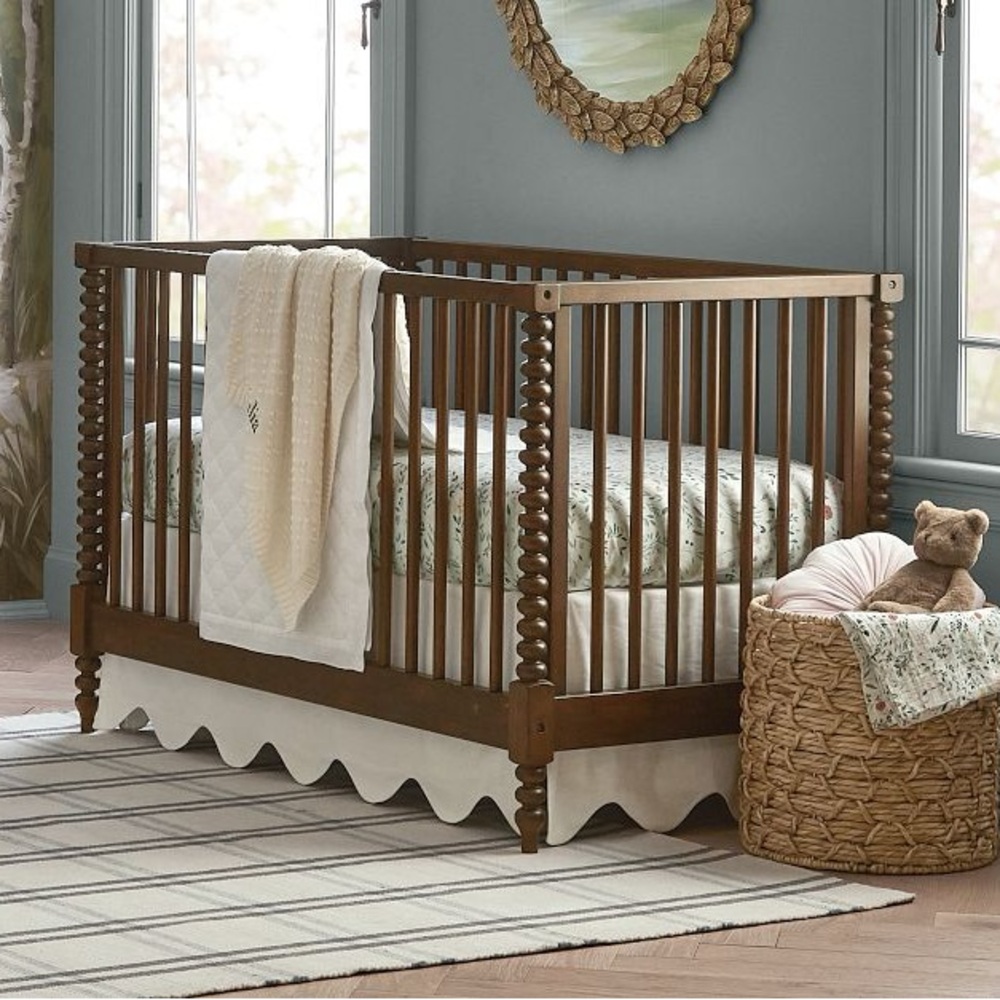 Oliver B White Linen Scalloped Crib Skirt with White Trim